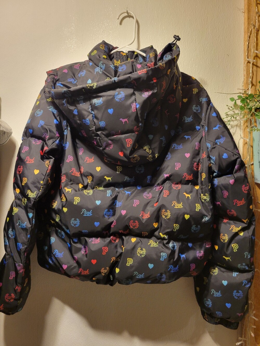 PINK Victoria's Secret Black Puffer Jacket with Multicolor Logo Hearts (RARE) - Picture 3 of 9